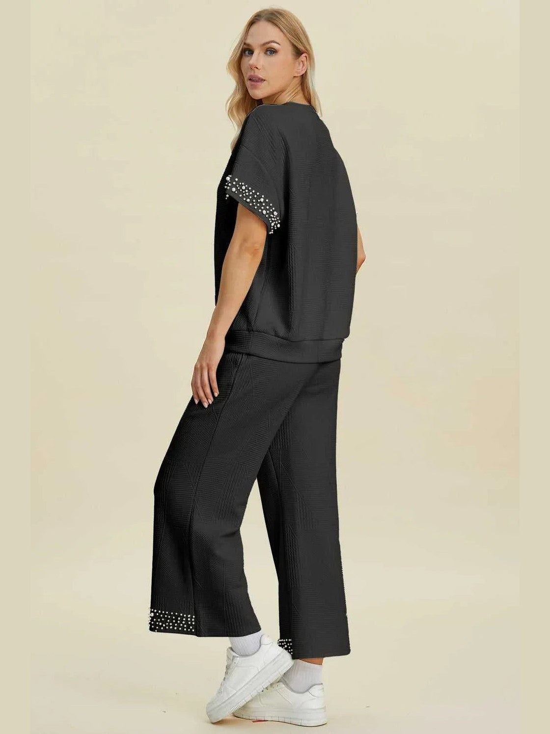 Double Take Full Size Pearl Detail Round Neck Top and Pants Set -- 