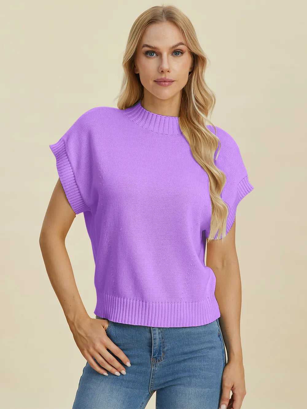 Double Take Full Size Mock Neck Short Sleeve Sweater