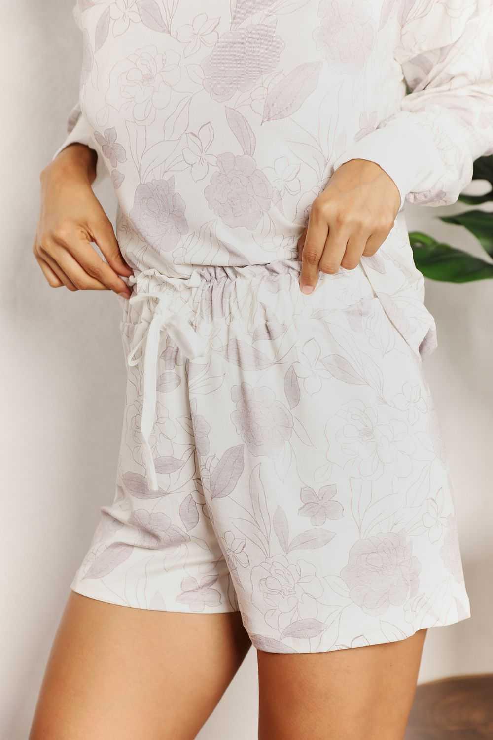 Double Take Floral Long Sleeve Top and Shorts Loungewear Set -- 