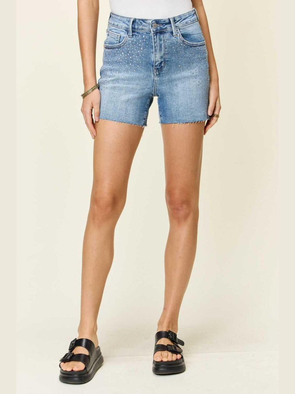 Judy Blue Full Size High Waist Rhinestone Decor Denim Shorts -- 