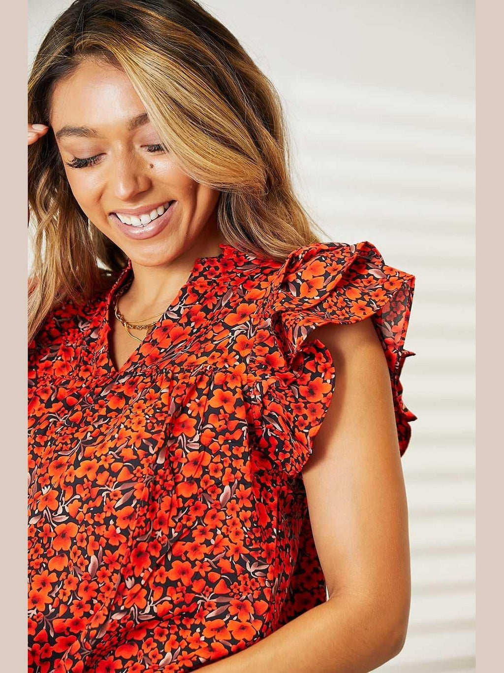 Double Take Floral Flutter Sleeve Notched Neck Blouse -- 