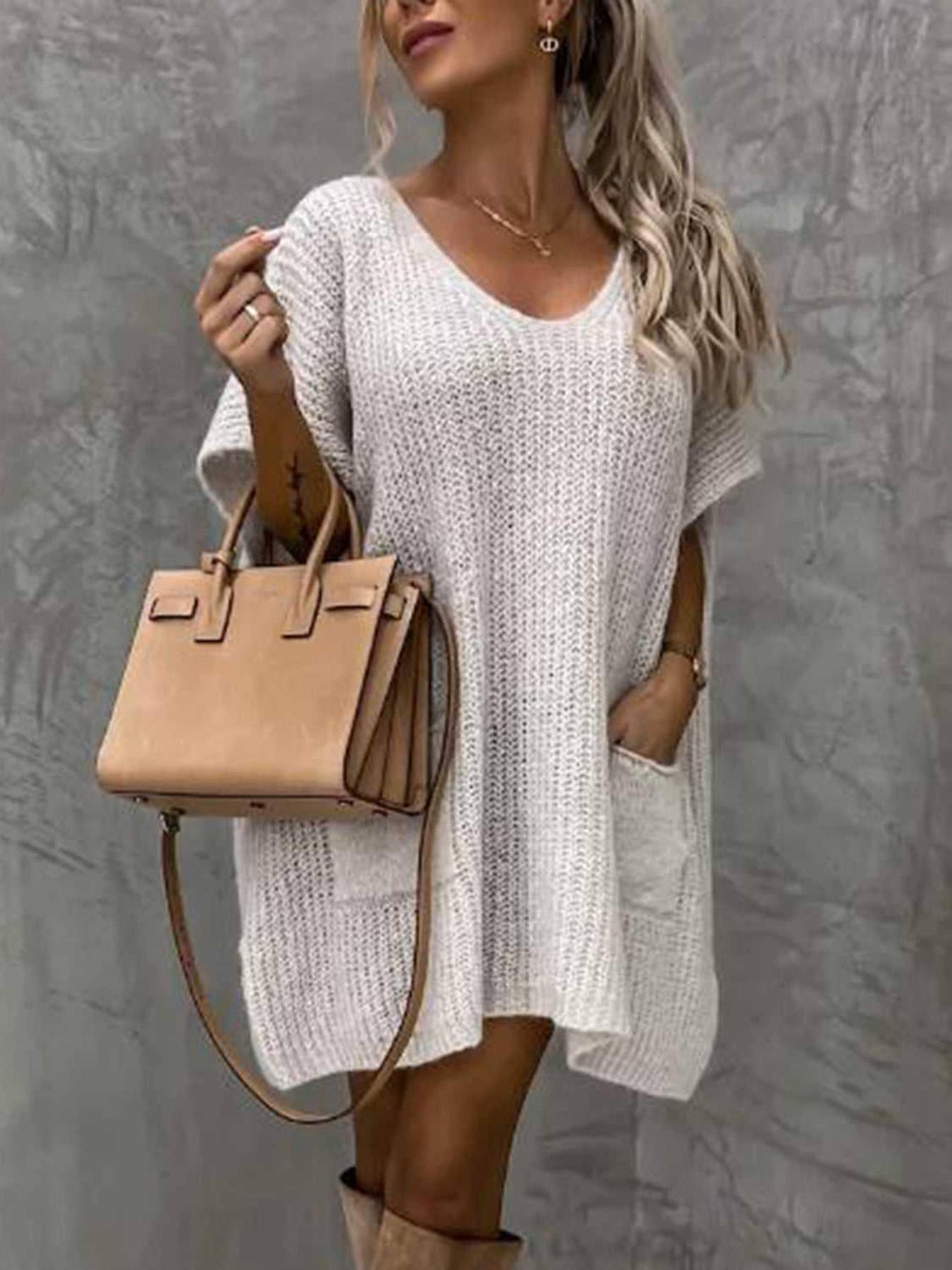 Short Sleeve Sweater Dress with Pockets -- 