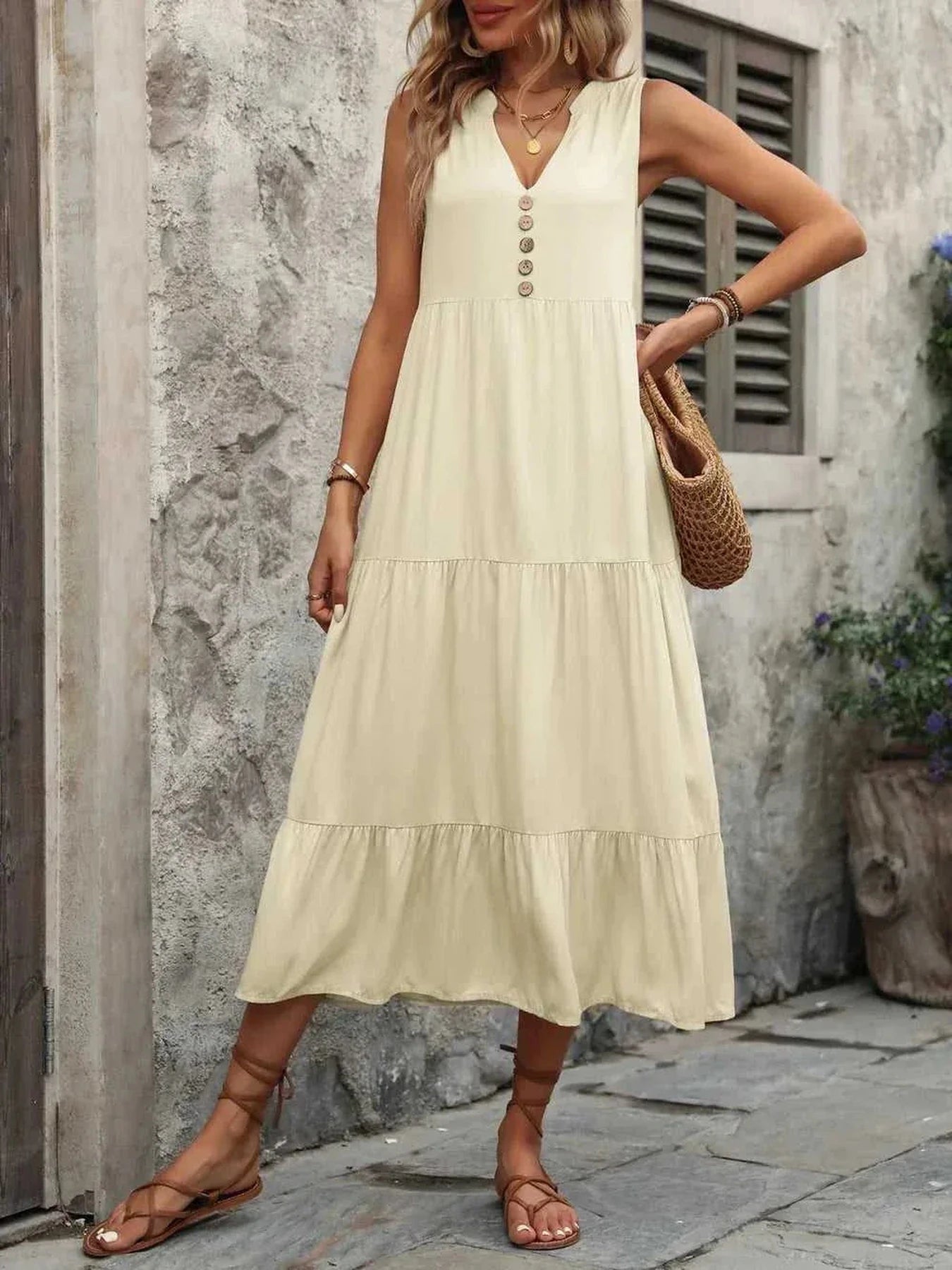 Ivy Lane Decorative Button Notched Sleeveless Dress -- 