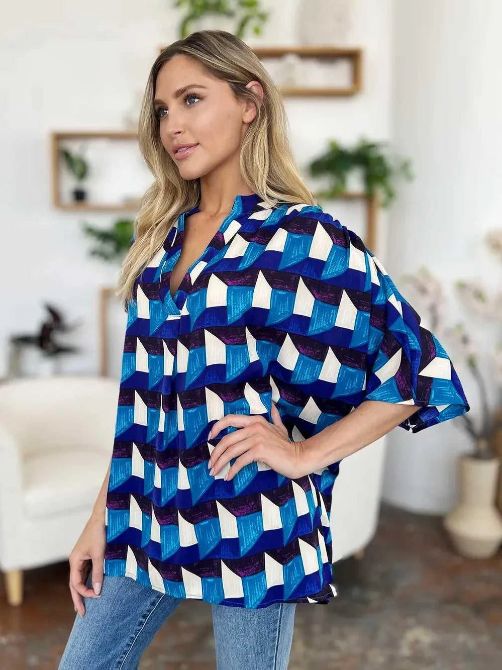 Double Take Full Size Geometric Notched Half Sleeve Blouse -- 