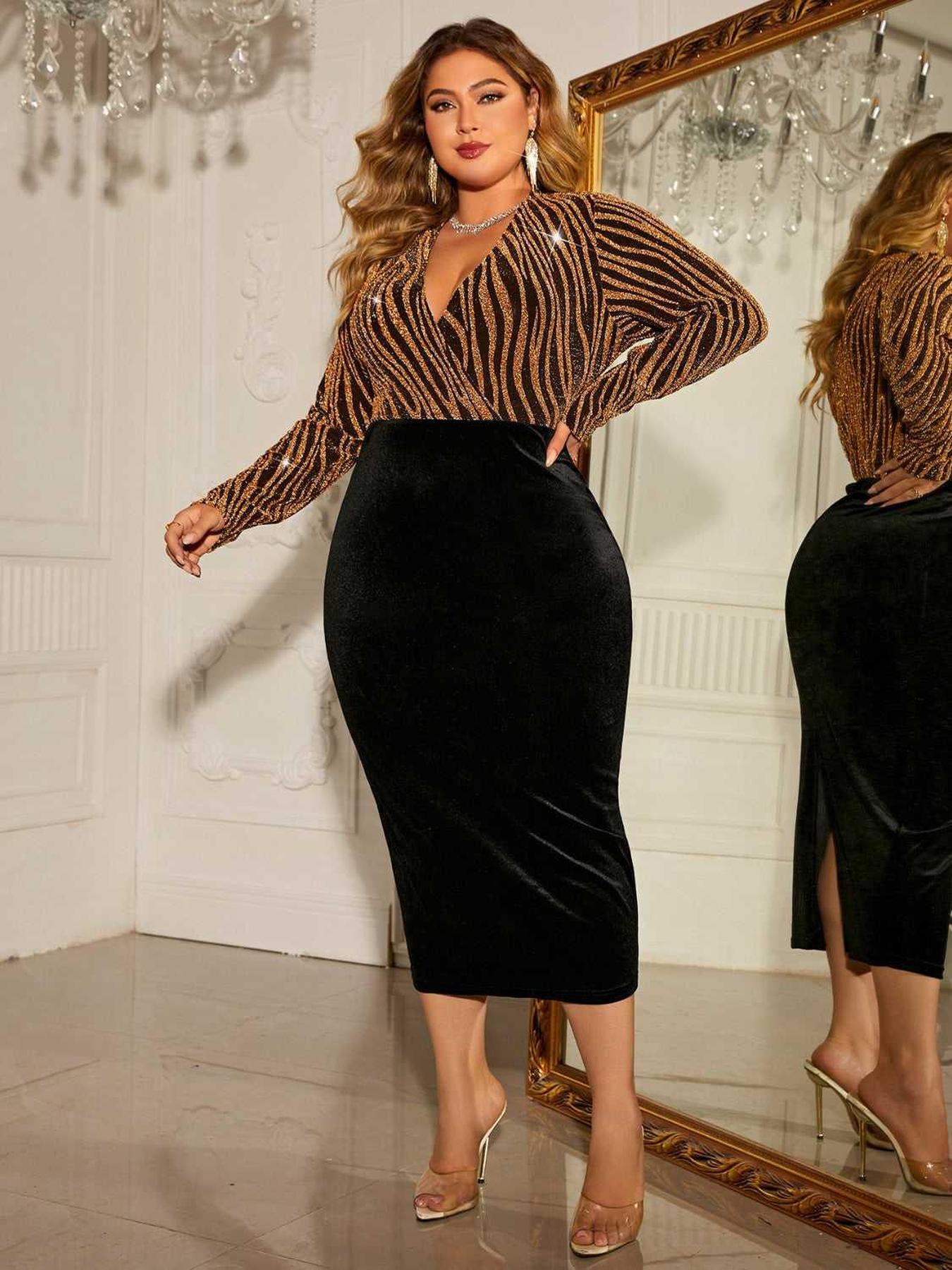 Honey Plus Size Surplice Neck Long Sleeve Slit Dress -- 