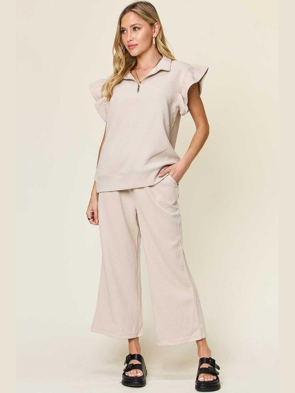Ruffle Short Sleeve Top and Drawstring Wide Leg Pants Set -- 
