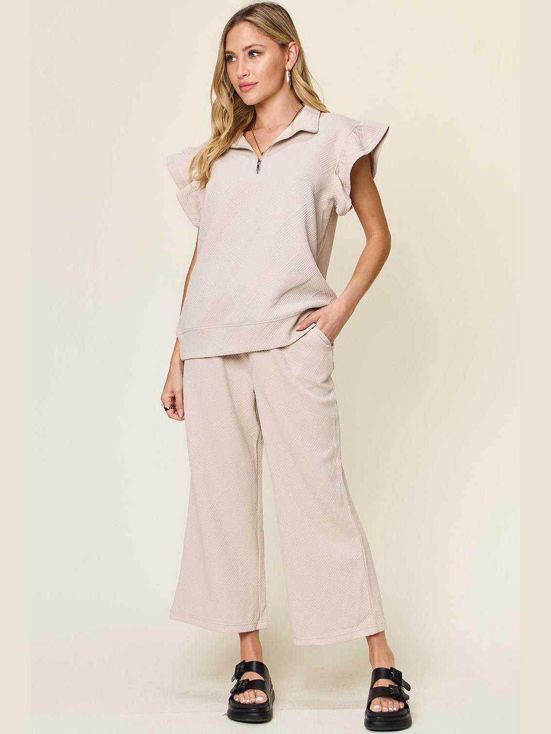 Ruffle Short Sleeve Top and Drawstring Wide Leg Pants Set -- 