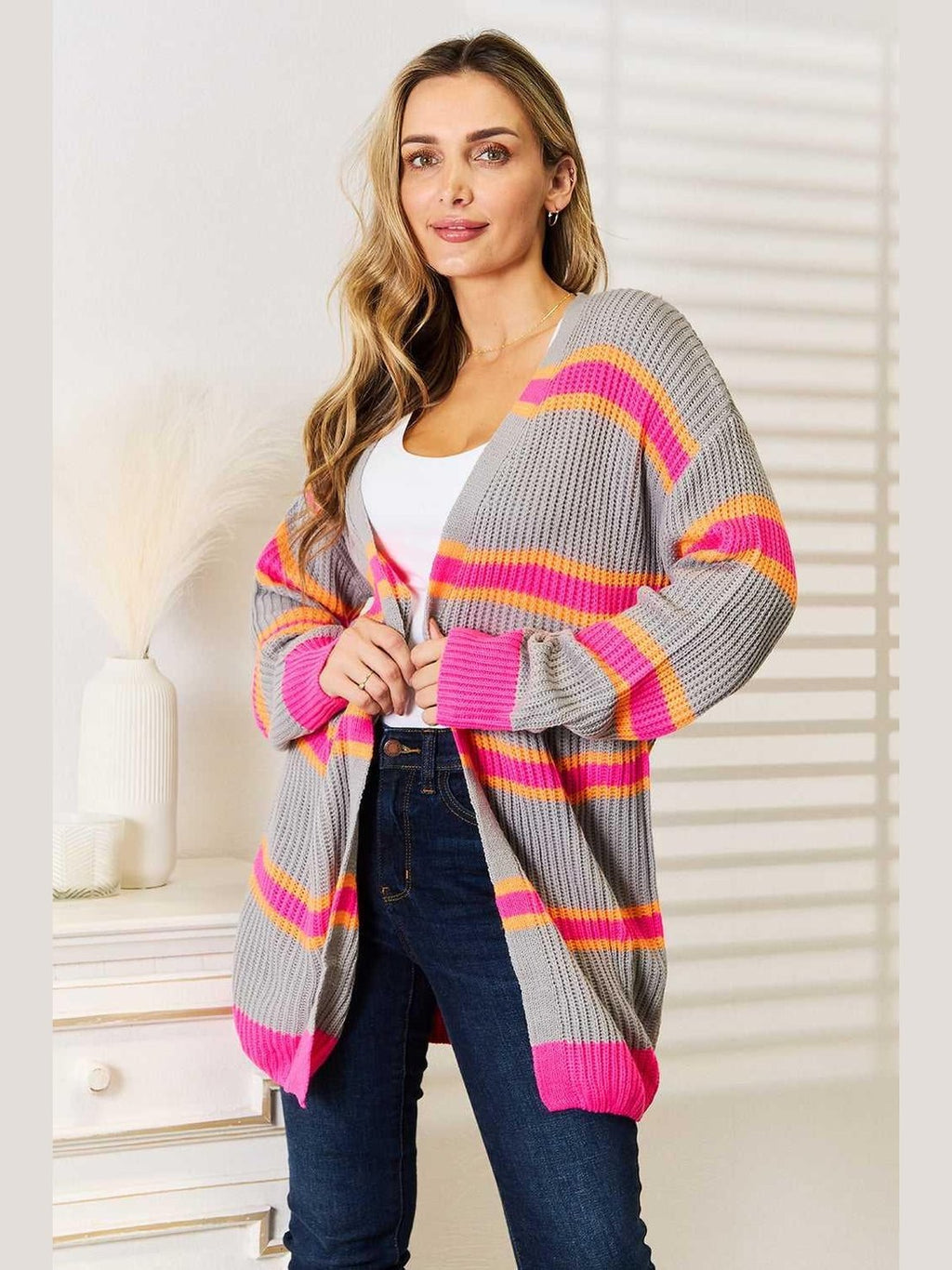 Woven Right Ribbed Long Sleeve Cardigan -- 