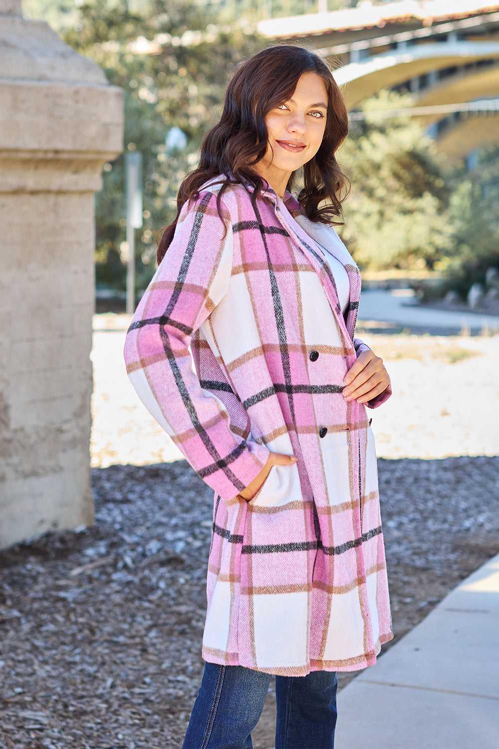 Double Take Full Size Plaid Button Up Lapel Collar Coat -- 
