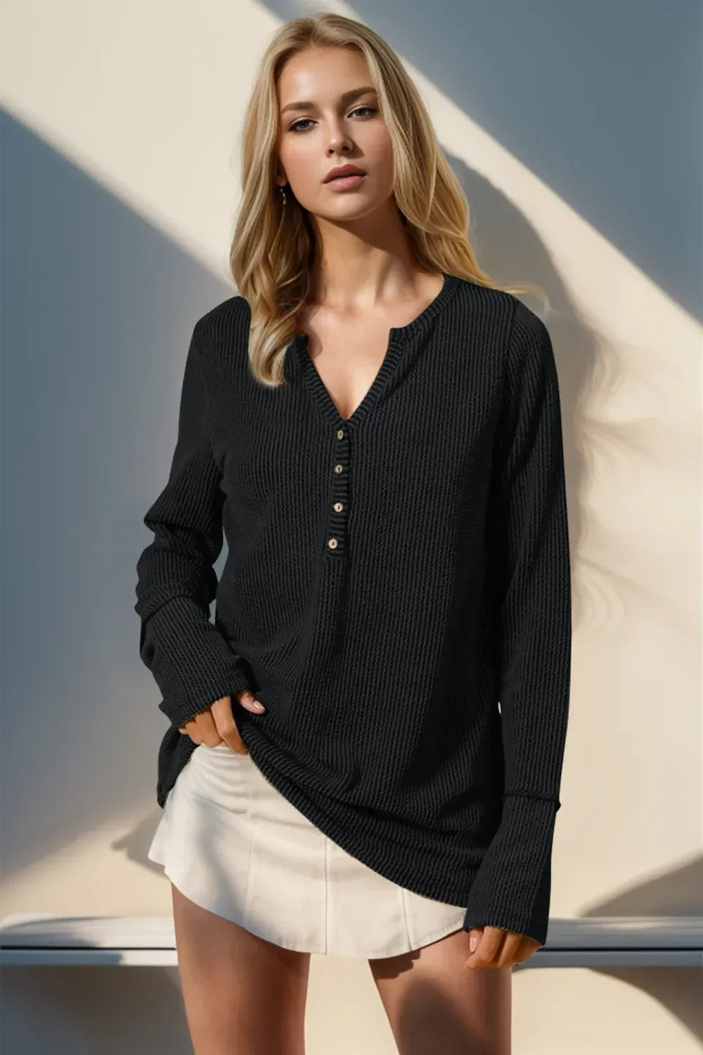 Double Take Full Size Notched Thumbhole Long Sleeve T-Shirt -- 