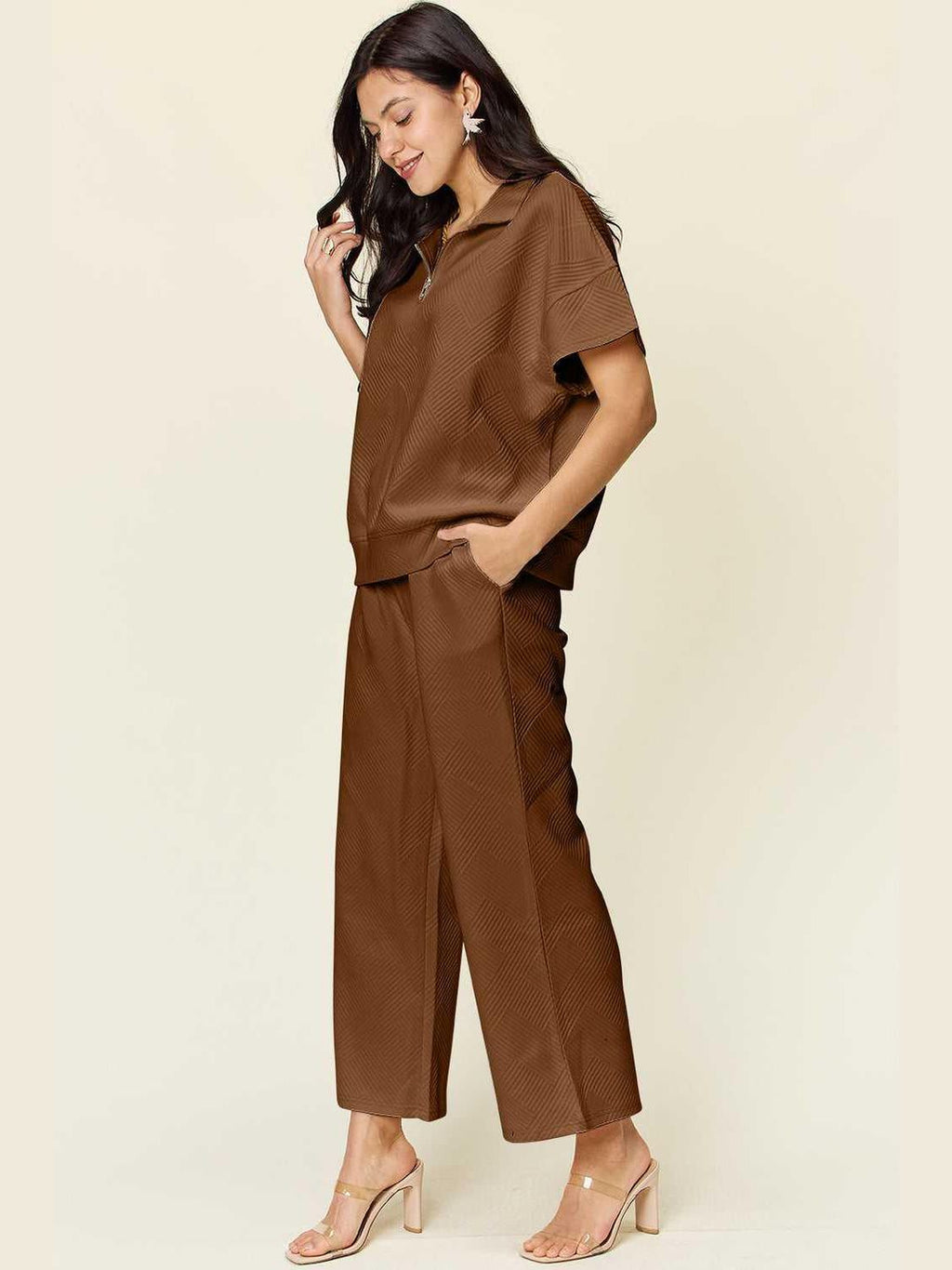 Double Take Full Size Texture Half Zip Short Sleeve Top and Pants Set -- 