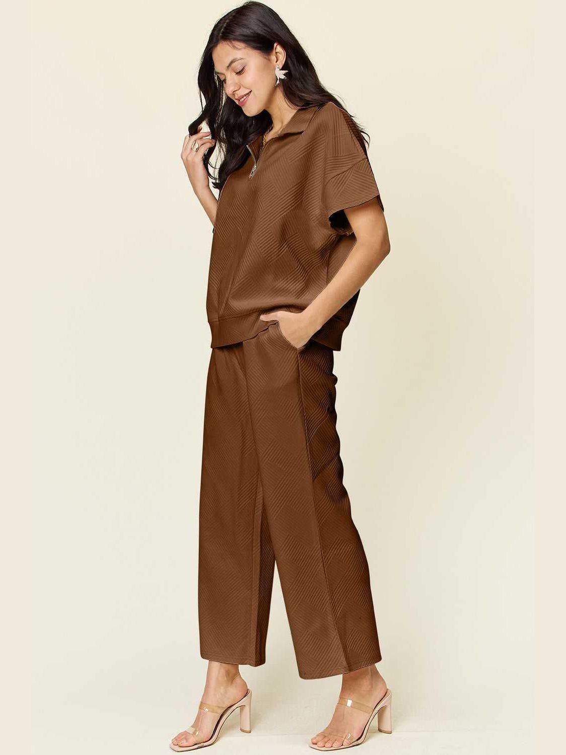 Double Take Full Size Texture Half Zip Short Sleeve Top and Pants Set -- 