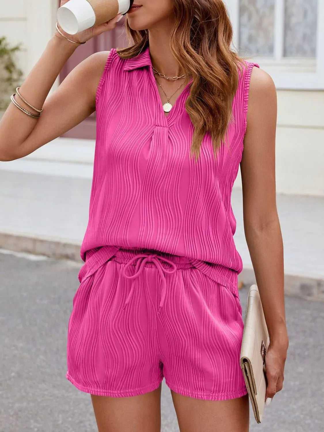 Textured Johnny Collar Top and Shorts Set -- 