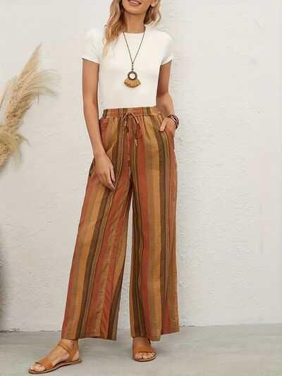 Full Size Drawstring Striped Wide Leg Pants -- 
