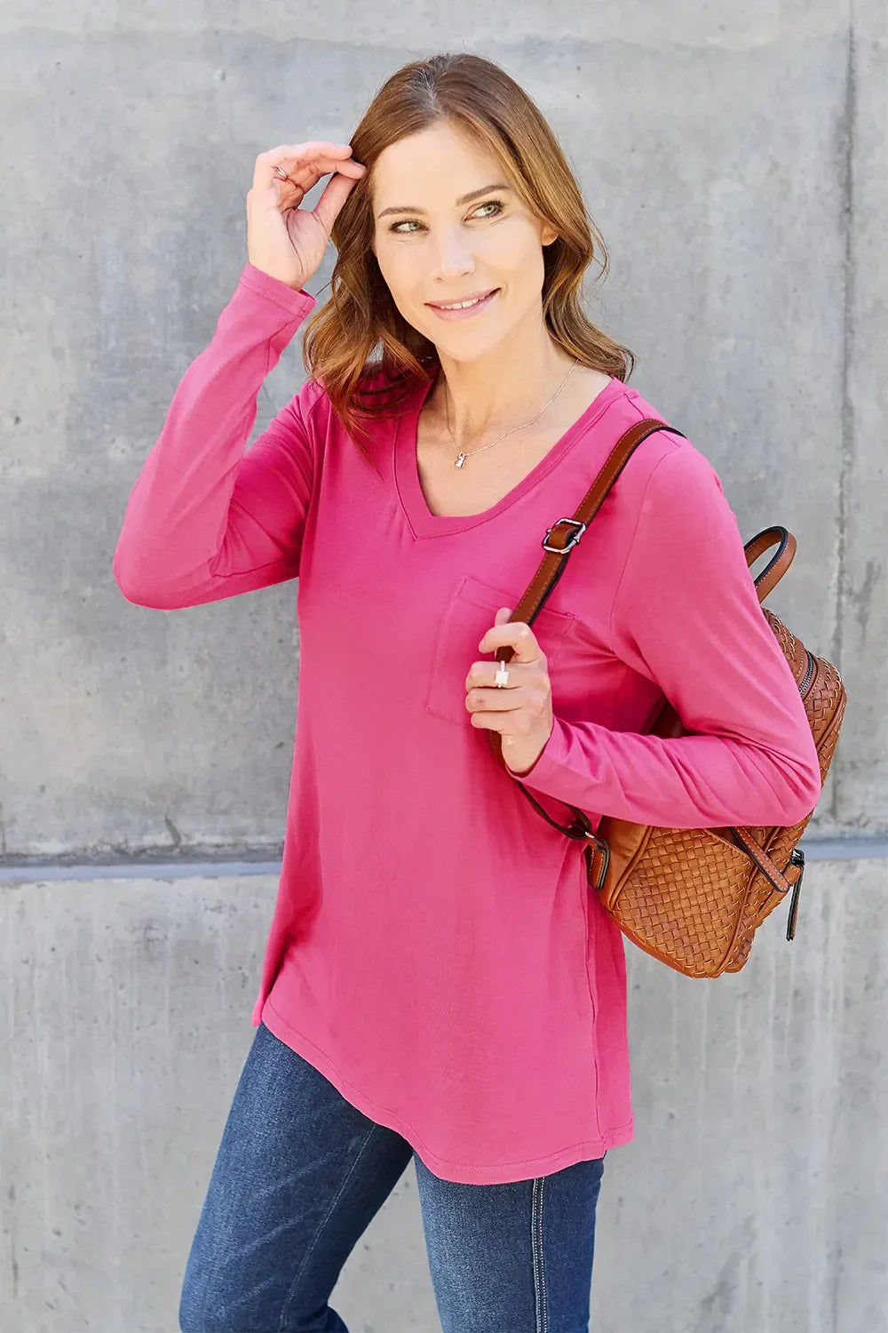 Basic Bae Full Size V-Neck Long Sleeve Top -- 