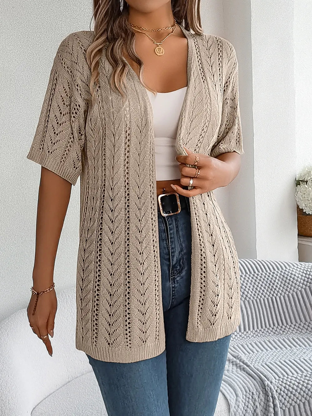 Openwork Open Front Half Sleeve Cardigan – White, Tan & Burnt Coral
