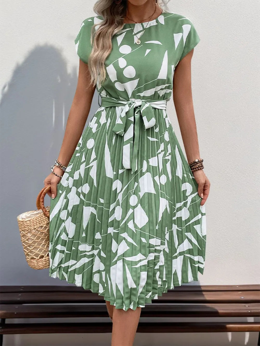 Tied Pleated Printed Midi Dress – Modest Cap Sleeve