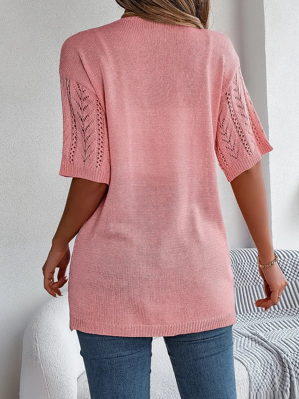Openwork Open Front Half Sleeve Cardigan – White, Tan & Burnt Coral
