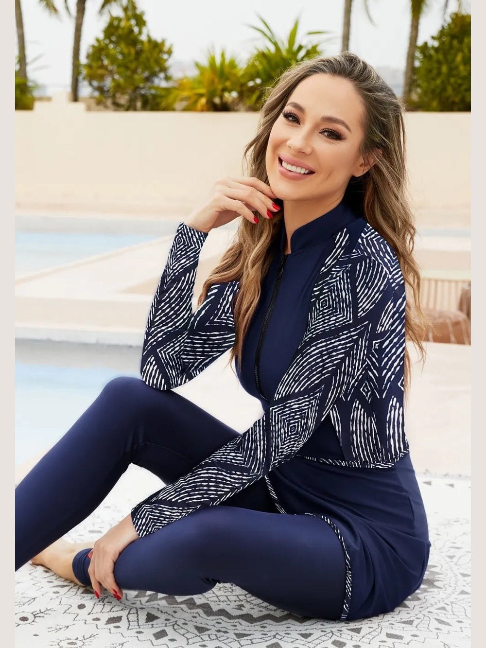 Printed Long Sleeve Four-Piece Modest Swim Set