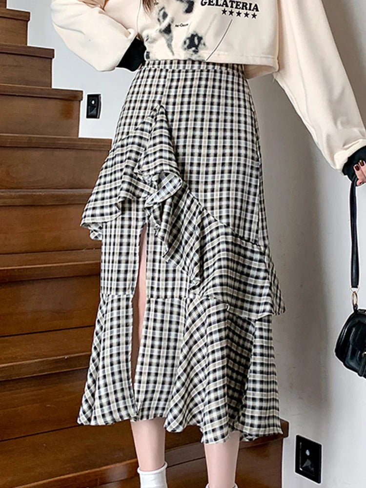 Vintage Plaid Midi Skirt – A-Line Ruffle