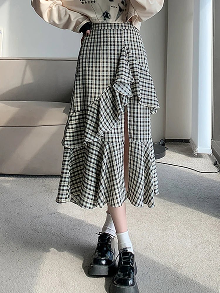 Vintage Plaid Midi Skirt – A-Line Ruffle