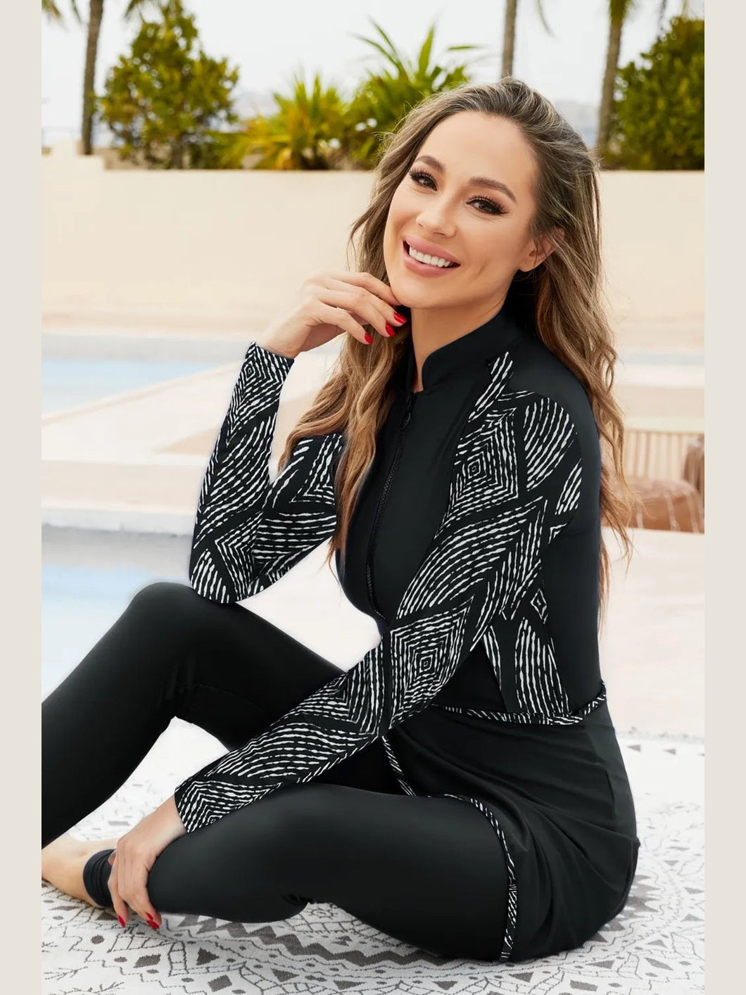 Printed Long Sleeve Four-Piece Modest Swim Set