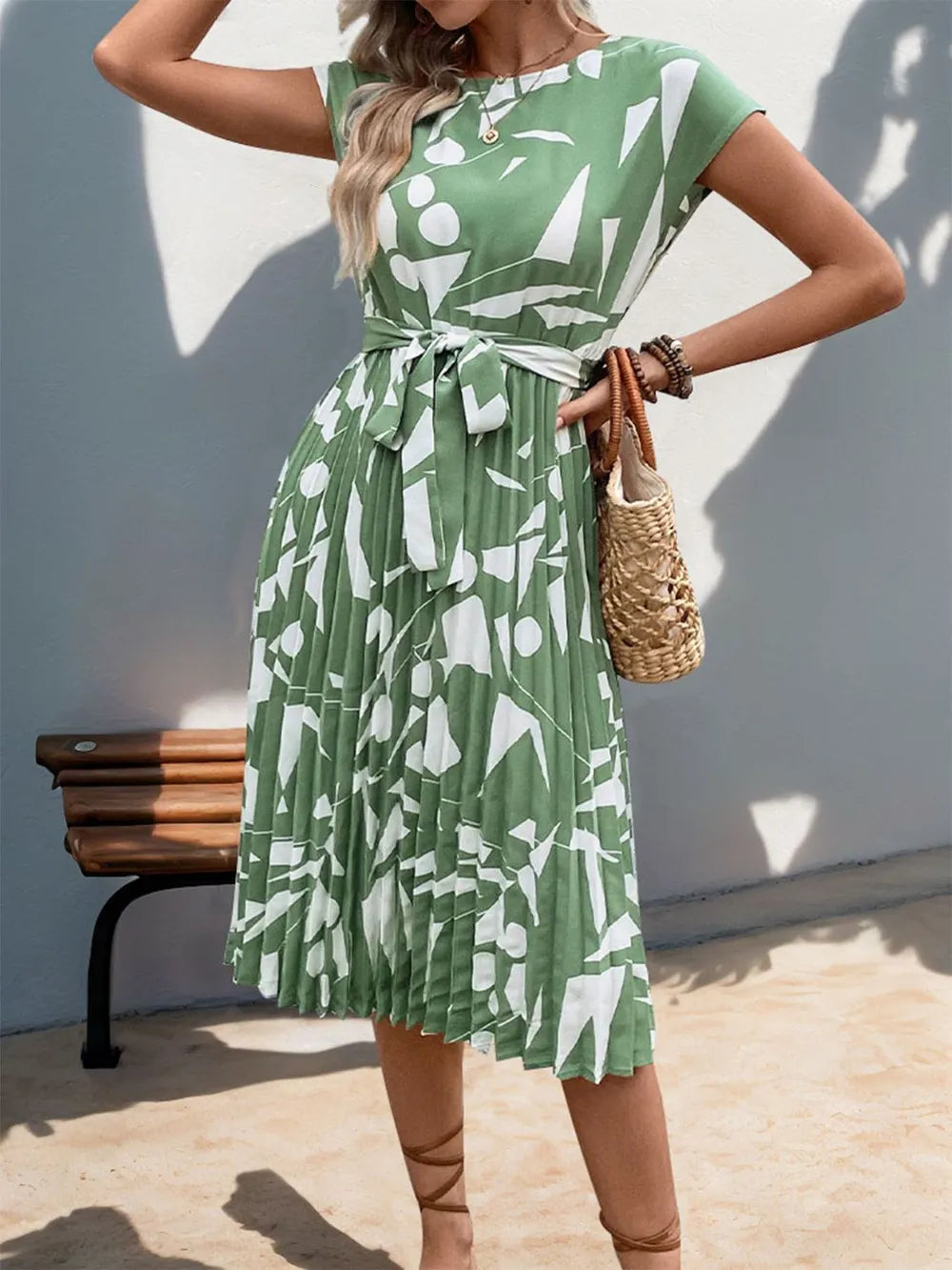 Tied Pleated Printed Midi Dress – Modest Cap Sleeve
