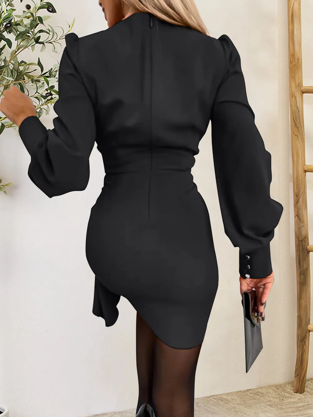 Lantern Sleeve V-Neck Midi Dress – Modest Long Sleeve Style
