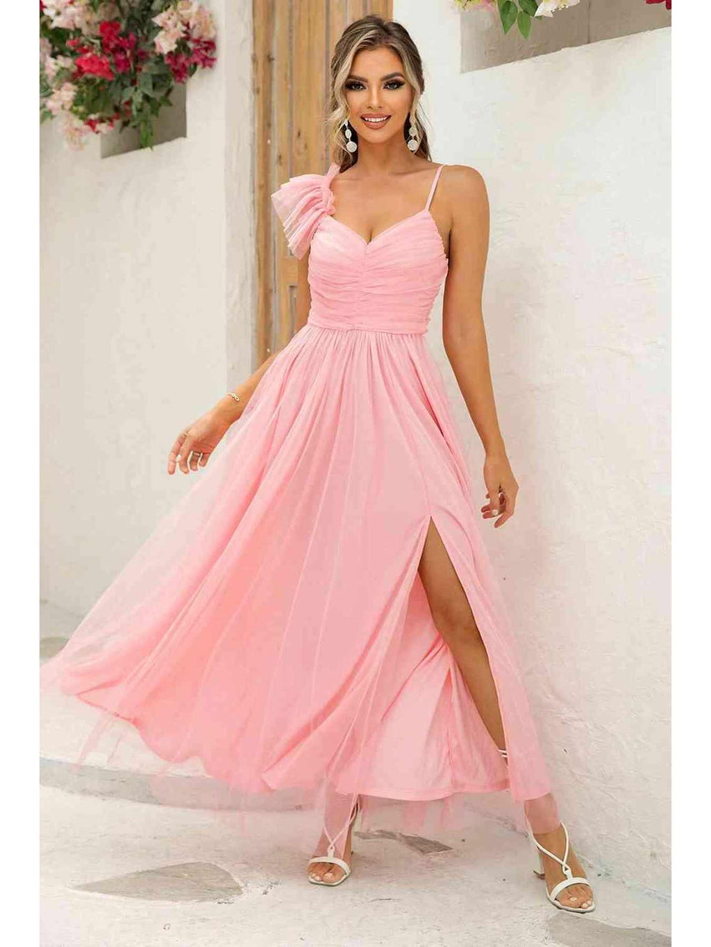 Asymmetrical Ruched Slit Dress -- 