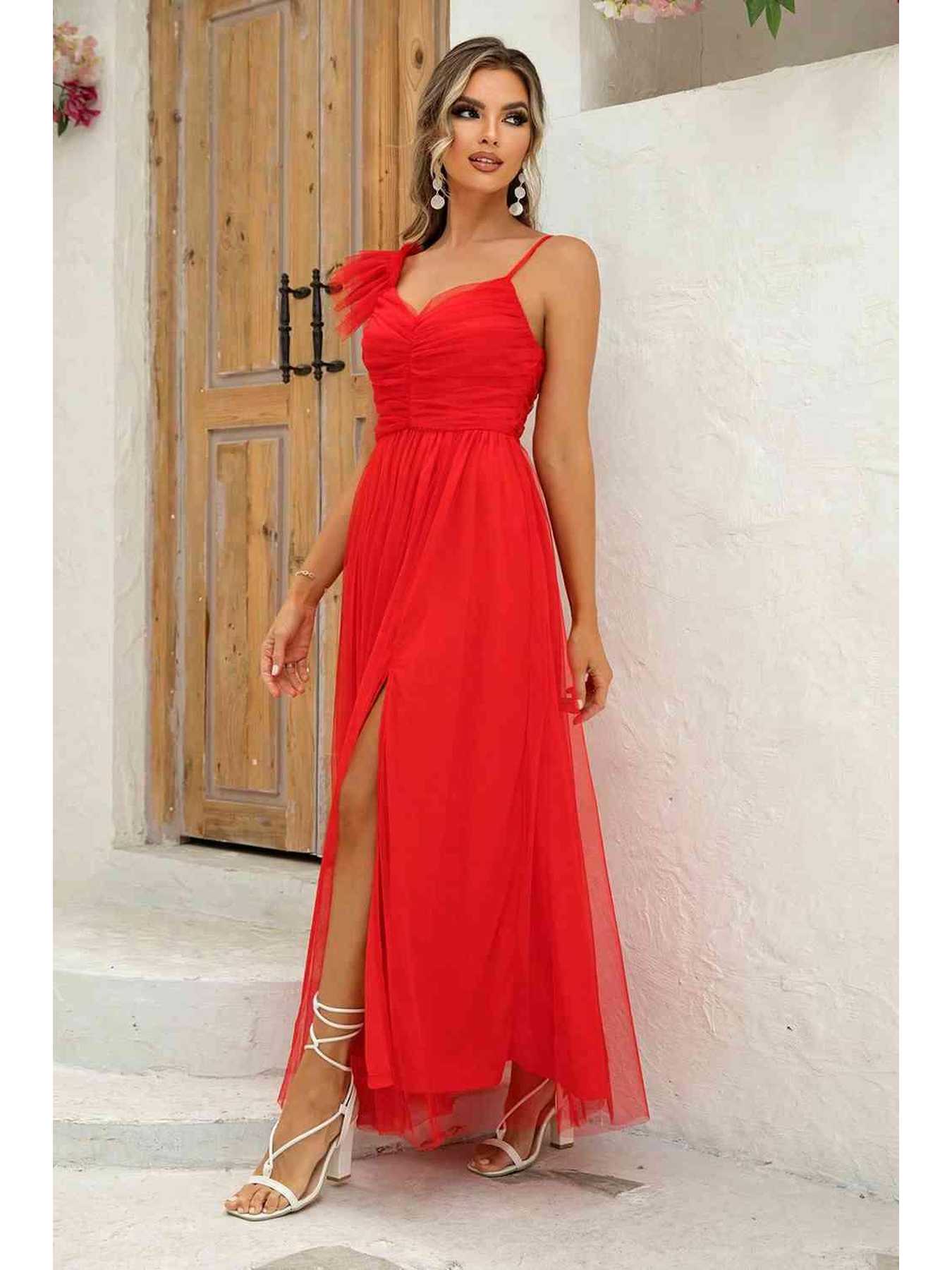 Asymmetrical Ruched Slit Dress -- 