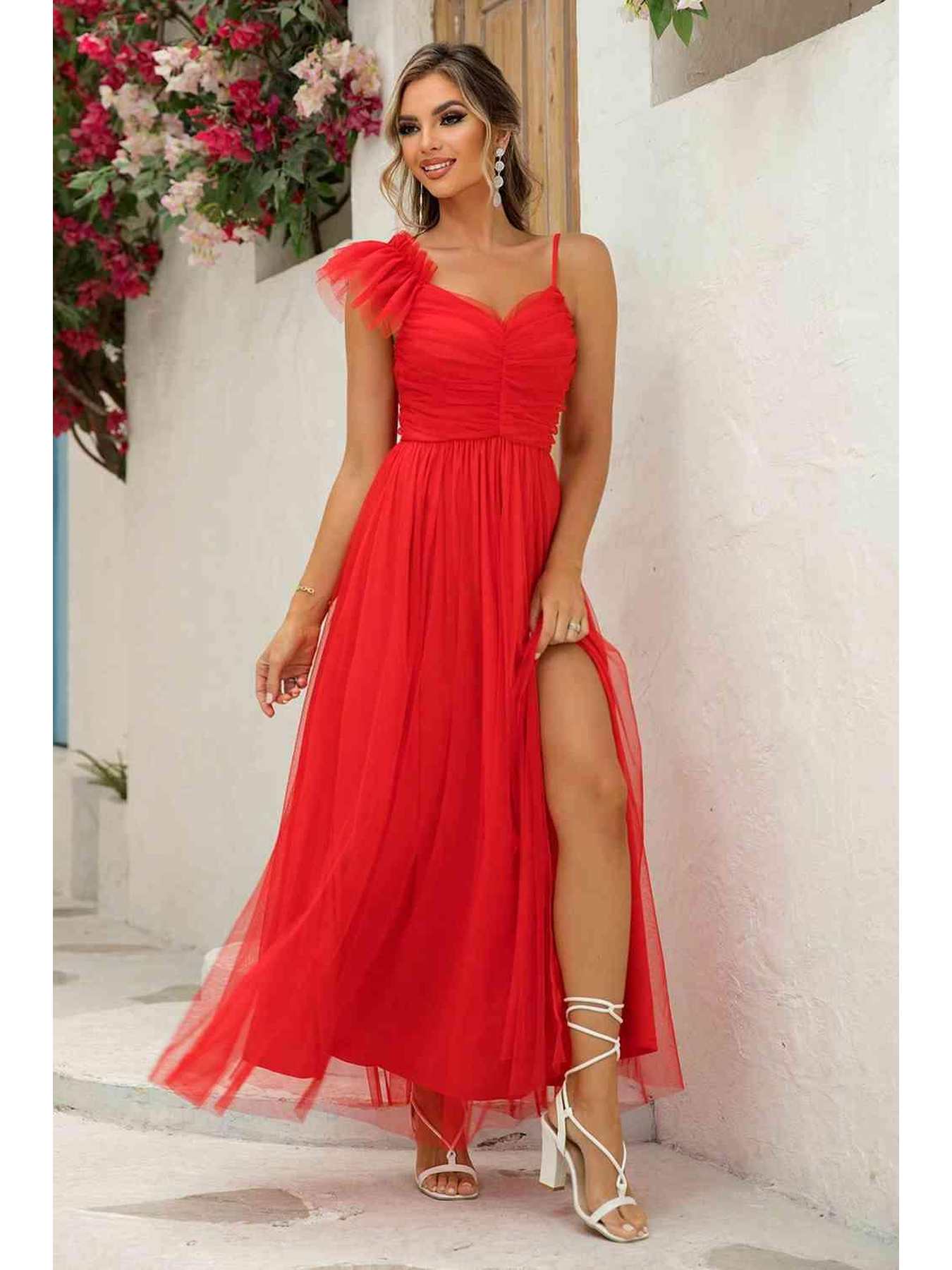 Asymmetrical Ruched Slit Dress -- 