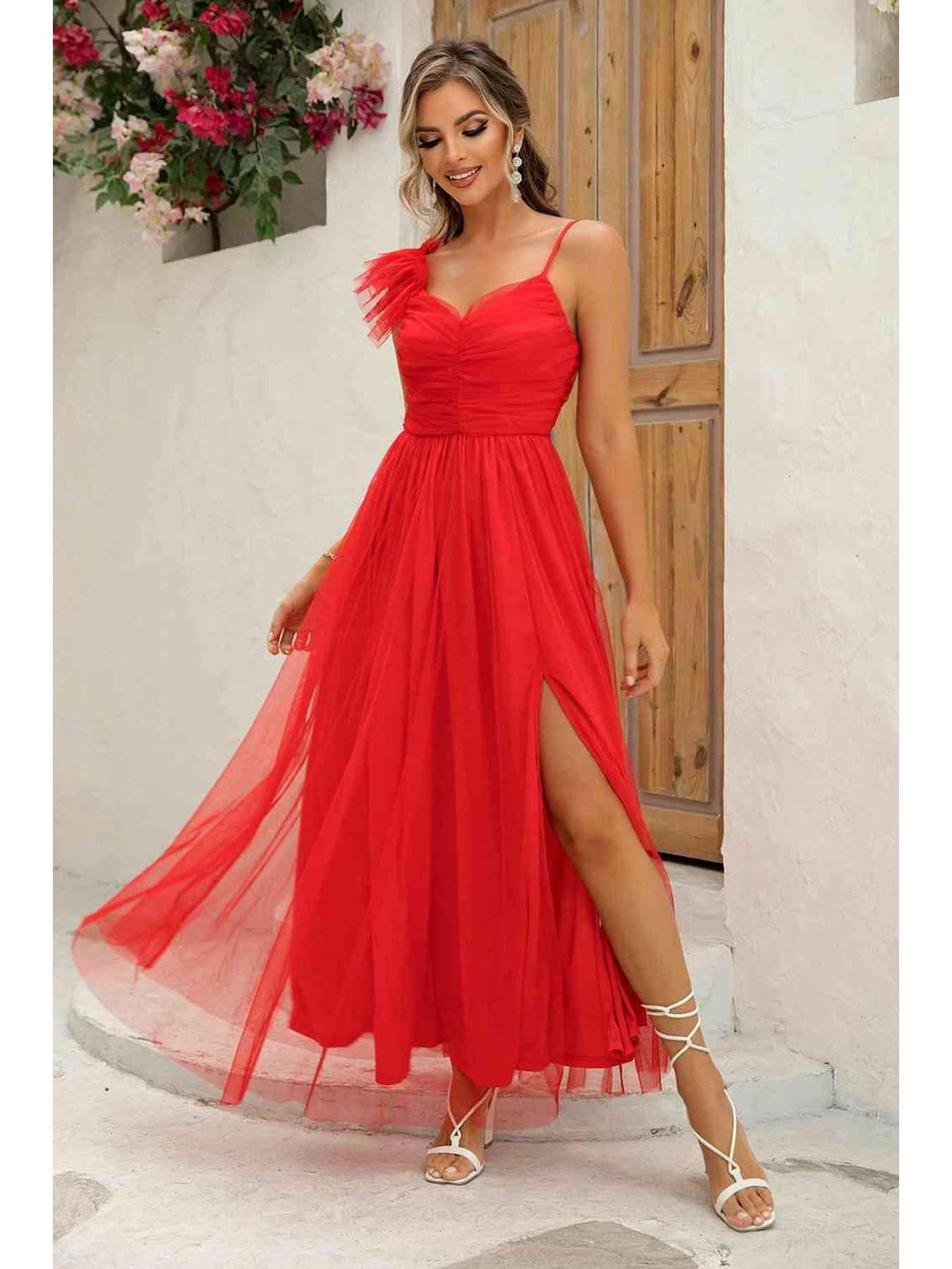 Asymmetrical Ruched Slit Dress -- 