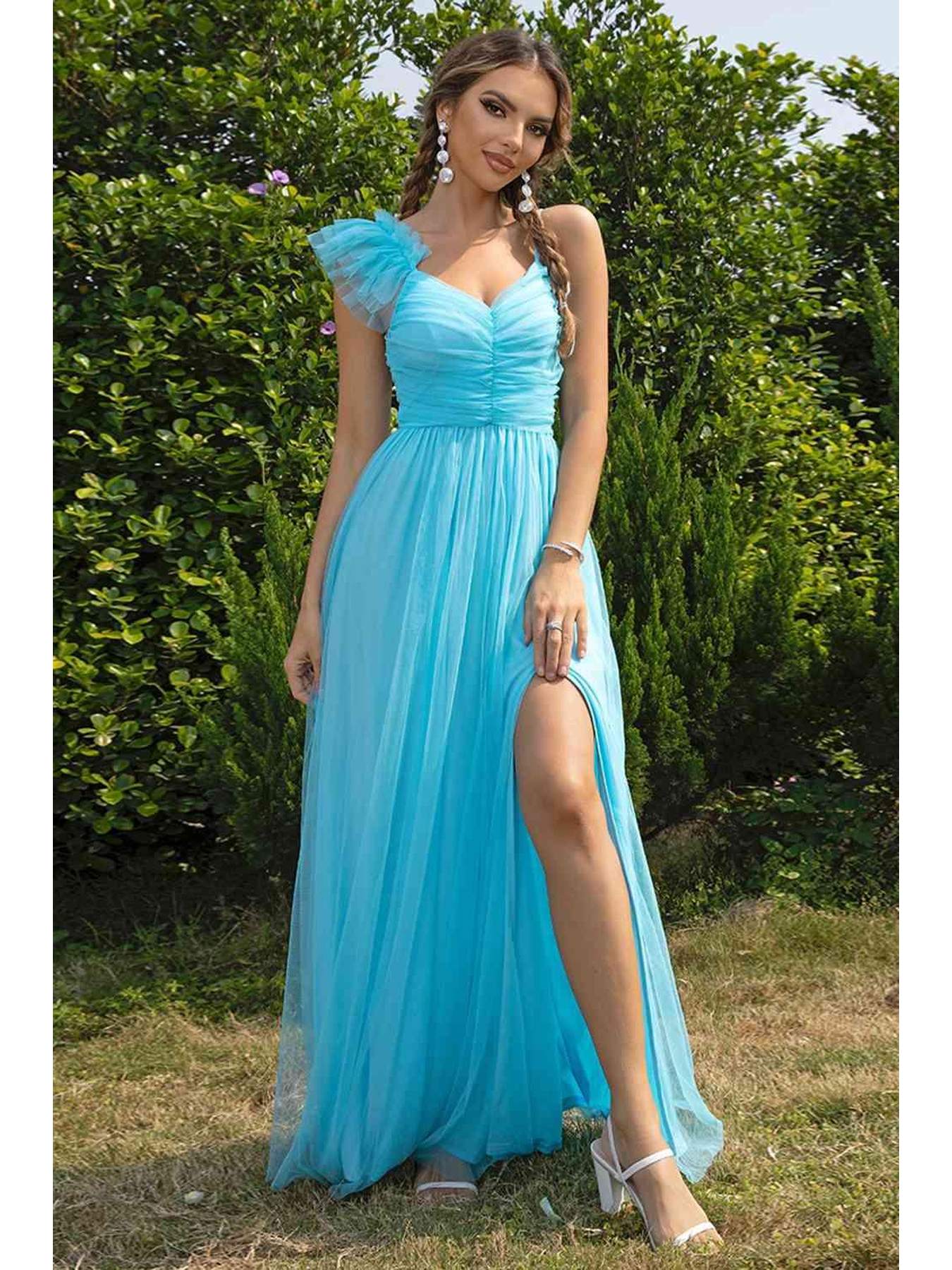 Asymmetrical Ruched Slit Dress -- 