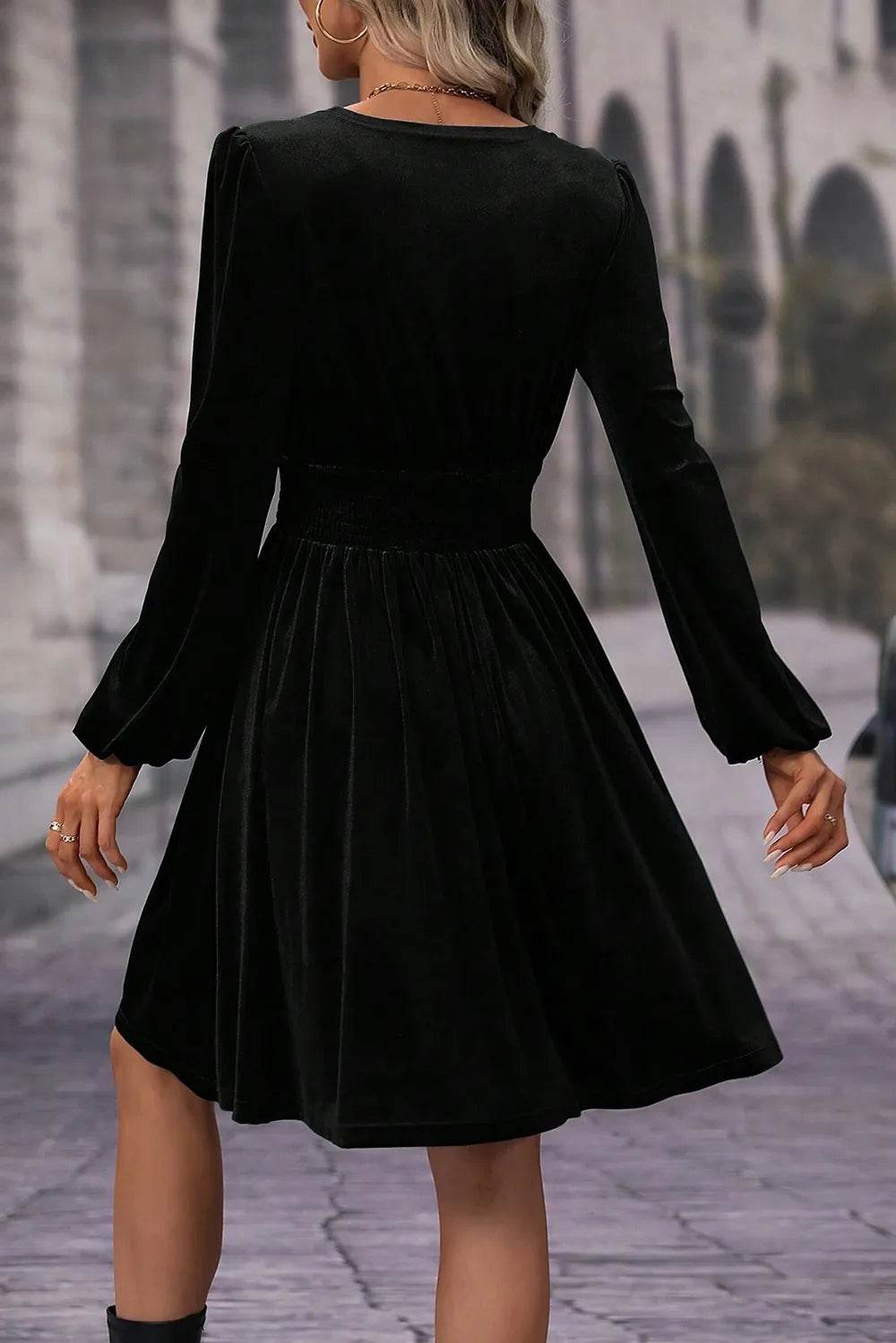 Long Sleeve Surplice Midi Dress – Modest A-Line Style