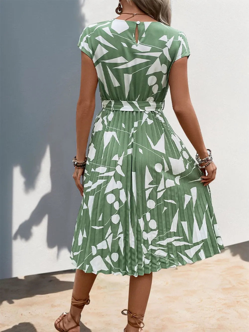 Tied Pleated Printed Midi Dress – Modest Cap Sleeve