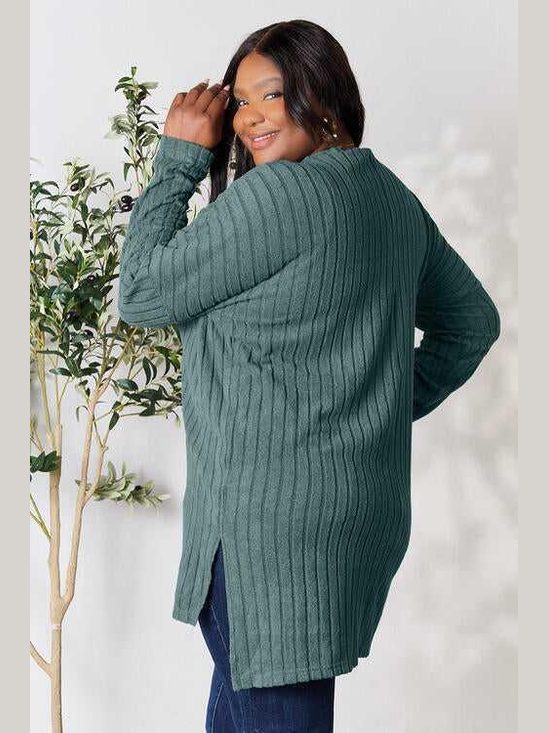 Basic Bae Full Size Ribbed Round Neck Long Sleeve Slit Top -- 