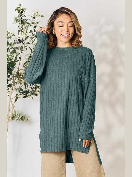 Basic Bae Full Size Ribbed Round Neck Long Sleeve Slit Top -- 
