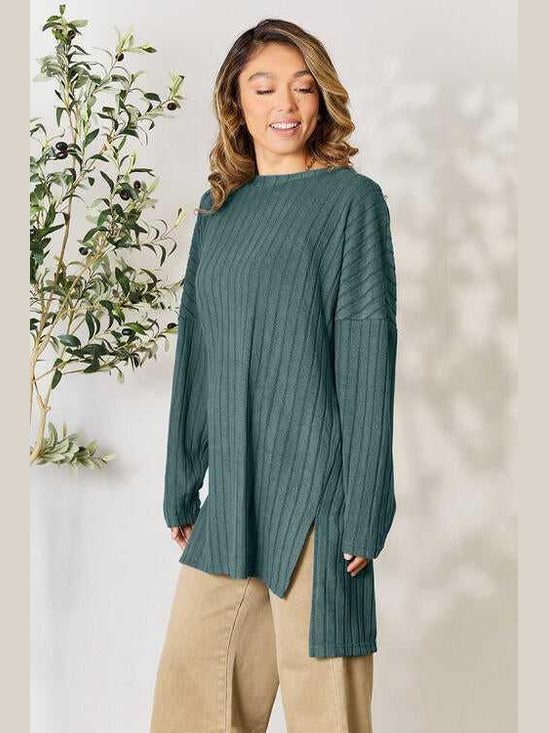 Basic Bae Full Size Ribbed Round Neck Long Sleeve Slit Top -- 