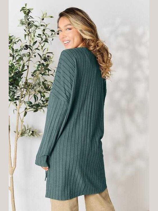 Basic Bae Full Size Ribbed Round Neck Long Sleeve Slit Top -- 