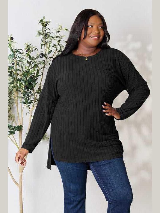 Basic Bae Full Size Ribbed Round Neck Long Sleeve Slit Top -- 