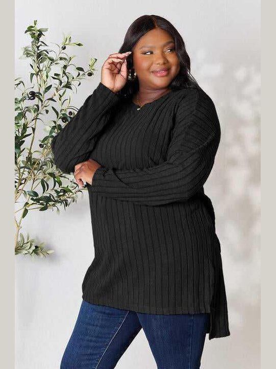Basic Bae Full Size Ribbed Round Neck Long Sleeve Slit Top -- 