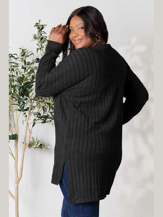 Basic Bae Full Size Ribbed Round Neck Long Sleeve Slit Top -- 