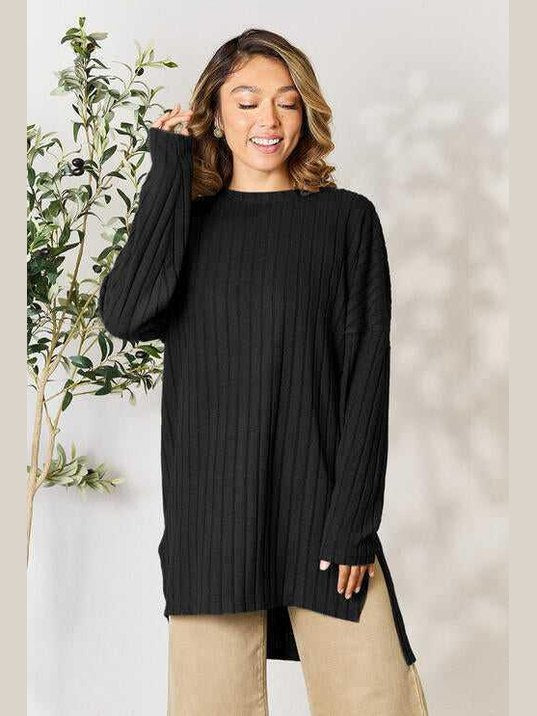 Basic Bae Full Size Ribbed Round Neck Long Sleeve Slit Top -- 