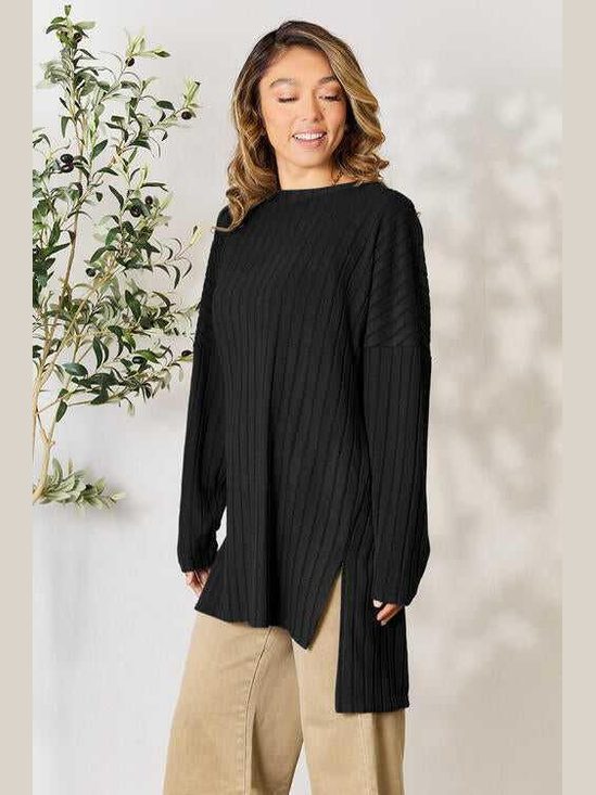 Basic Bae Full Size Ribbed Round Neck Long Sleeve Slit Top -- 