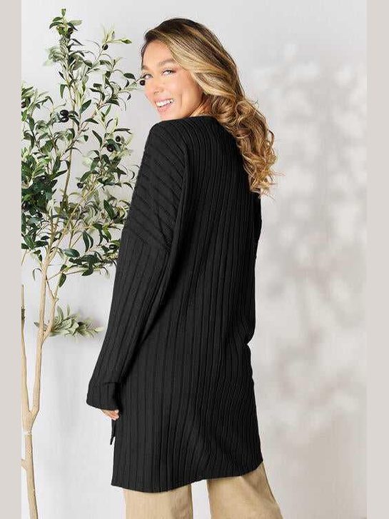 Basic Bae Full Size Ribbed Round Neck Long Sleeve Slit Top -- 