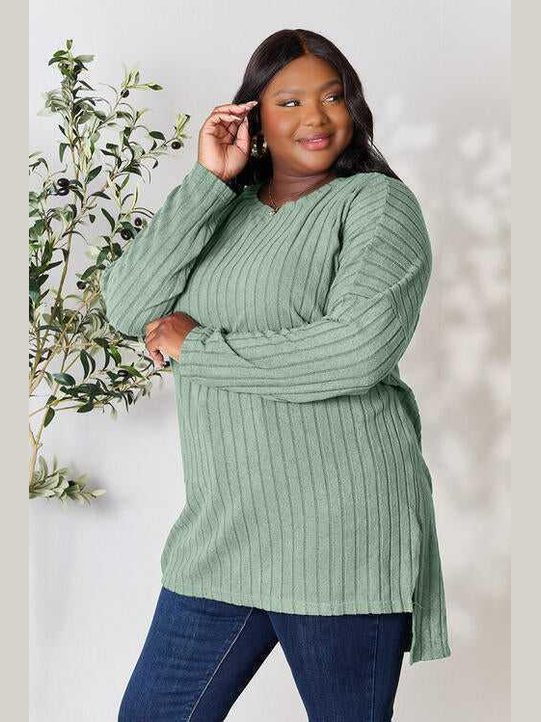 Basic Bae Full Size Ribbed Round Neck Long Sleeve Slit Top -- 