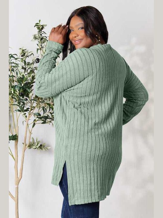 Basic Bae Full Size Ribbed Round Neck Long Sleeve Slit Top -- 