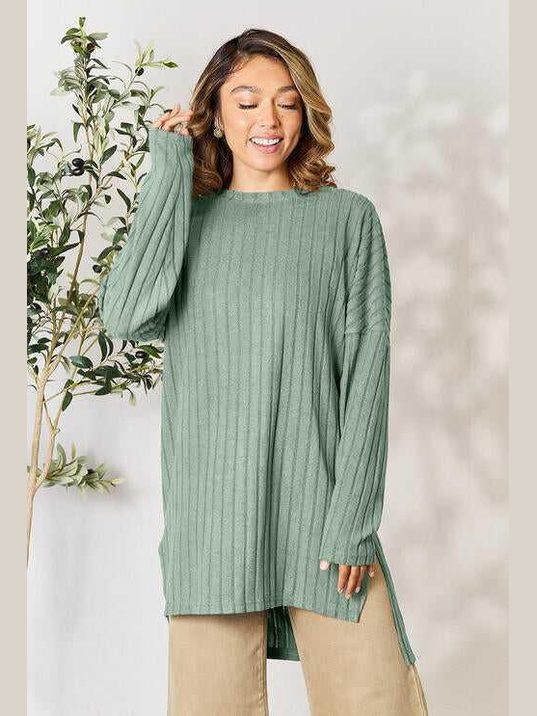 Basic Bae Full Size Ribbed Round Neck Long Sleeve Slit Top -- 