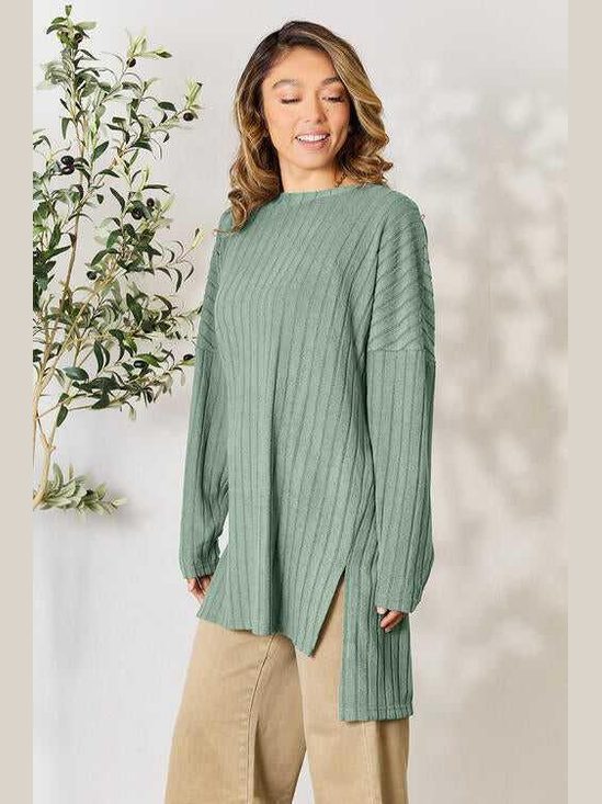 Basic Bae Full Size Ribbed Round Neck Long Sleeve Slit Top -- 
