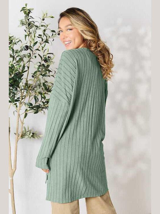Basic Bae Full Size Ribbed Round Neck Long Sleeve Slit Top -- 